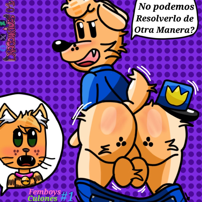 1:1 ass ball_tuft balls big_butt blue_background blue_clothing blush bottomwear bottomwear_down brown_body brown_fur cane canid canine canis cape clothed clothing collar dogman dogman_(character) dogman_(series) dogmon domestic_dog dragonrivas01 duo felid feline femboy femboy_culones floppy_ears fur genitals glistening glistening_butt happy hi_res huge_butt locks logo looking_at_viewer male male/male mammal motion_lines nude nude_anthro open_mouth pants pants_down partially_clothed petey_the_cat police police_hat presenting presenting_hindquarters rear_view shadow simple_background speech_bubble spots surprised text tuft tusks watermark