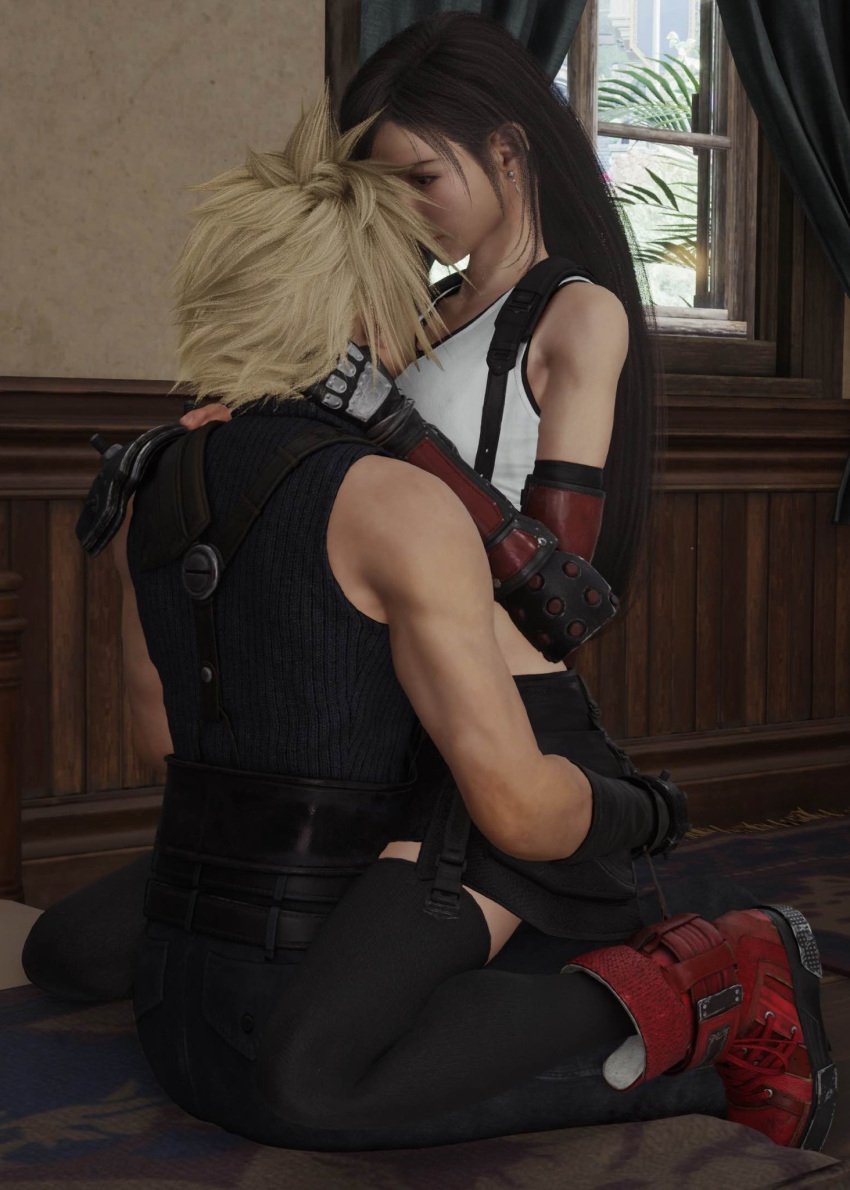 1girl1boy belly_button big_breasts black_hair blonde_hair boots clotivault cloud_strife couple couple_(romantic) cowgirl_position final_fantasy final_fantasy_vii final_fantasy_vii_remake gameplay gloves grabbing grabbing_ass hand_on_face ingame_model intimate legs_open long_hair looking_at_partner on_top open_legs short_hair skirt sports_bra spread_legs tagme thighhighs tifa_lockhart top what_if