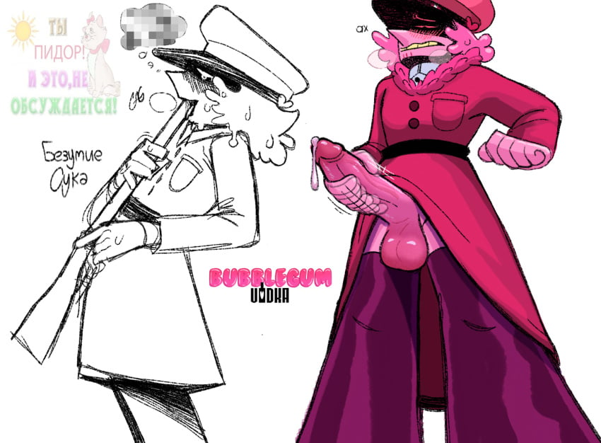 blush bottomless candy_humanoid cum digital_drawing_(artwork) erection gunplay huge_cock low-angle_view male_only masturbation military_hat military_uniform original_character partially_clothed peaked_cap penis pink_body pink_hair red_eyes russian_text solo thigh_highs veiny_penis vodkadchicle white_background