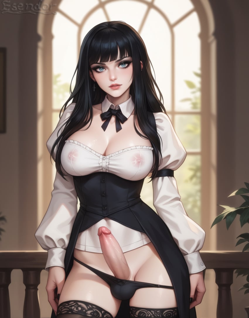 1futa ai_generated big_breasts big_penis black_hair dickgirl erection esendor futanari goth goth_futa long_hair looking_at_viewer panties see-through solo stable_diffusion