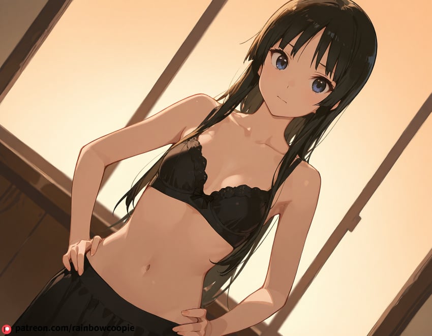 ai_generated black_hair blue_eyes bra breasts flat_chest hands_on_hips k-on! looking_at_viewer mio_akiyama_(k-on!) navel