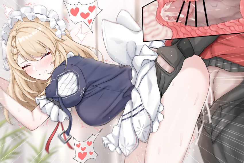 1boy absurdres bar_censor black_gloves blonde_hair blue_dress blush bottomless breasts censored clenched_teeth closed_eyes clothes_lift commander_(girls'_frontline) commentary cross_section cum cum_in_uterus cum_overflow daram_(shappydude) doggy_style dress dress_lift female from_side g36_(girls'_frontline) girls'_frontline girls'_frontline_2:_exilium gloves heart highres indoors internal_cumshot large_breasts large_variant_set long_hair maid_headdress penis sex standing standing_sex teeth testicles trembling variant_set