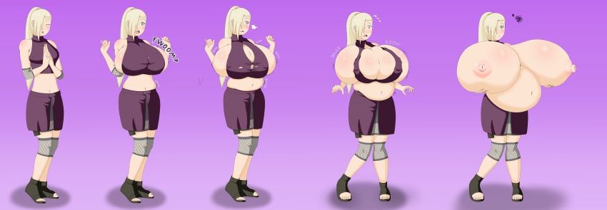 1girls areolae bare_shoulders belly belly_expansion big_belly blonde_hair blue_eyes breast_expansion breasts breasts_bigger_than_head clothed clothing deep_skin earrings female female_only gigantic_breasts hair_over_one_eye huge_breasts hyper hyper_breasts ino_yamanaka midriff naruto naruto_shippuden navel nipples ponytail simple_background skindentation skirt standing timaeus wardrobe_malfunction