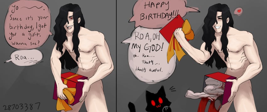 2boys 2koma abs bare_pectorals bare_shoulders black_hair blood cat_ears cat_tail closed_eyes dialogue english english_text fangs feline gift_box gore hair_over_one_eye intestines long_hair melty_blood michael_roa_valdamjong muscular muscular_male naked_male nrvnqsr_chaos nude nude_male onilla765 pectorals present_box red_eyes sequence sharp_teeth smile spoken_heart tsukihime type-moon vampire