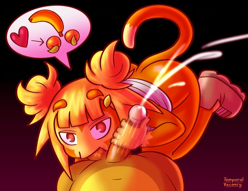 1boy 1girls anthro ass ball_sucking black_background bloons_tower_defense cum erection female monkey monkey_girl orange_fur penis primate rosalia_(bloons_tower_defense) simple_background stroking_penis sucking_balls temporalvacancy