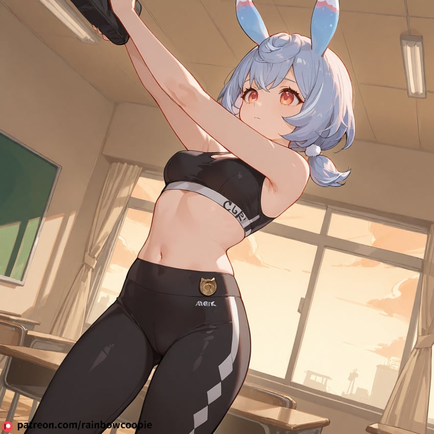 ai_generated beautfiul_background classroom frowning leg_raise medium_breasts sigewinne_(genshin_impact) sports_bra stunning_backgroud yoga_pants