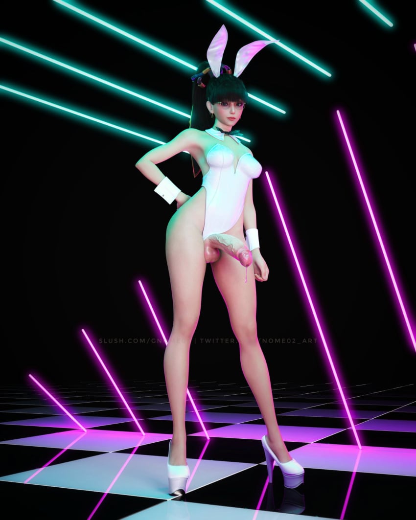 1futa artist_name bare_shoulders black_hair bowtie breasts checkered_floor detached_cuffs erection eve_(stellar_blade) fake_ears fake_rabbit_ears futa_only futanari glasses gnome02 high_heels high_ponytail legs lipstick neon_lights no_bra no_panties penis playboy_bunny ponytail precum red_lipstick shoes stellar_blade testicles thighs uncensored watermark white_shoes