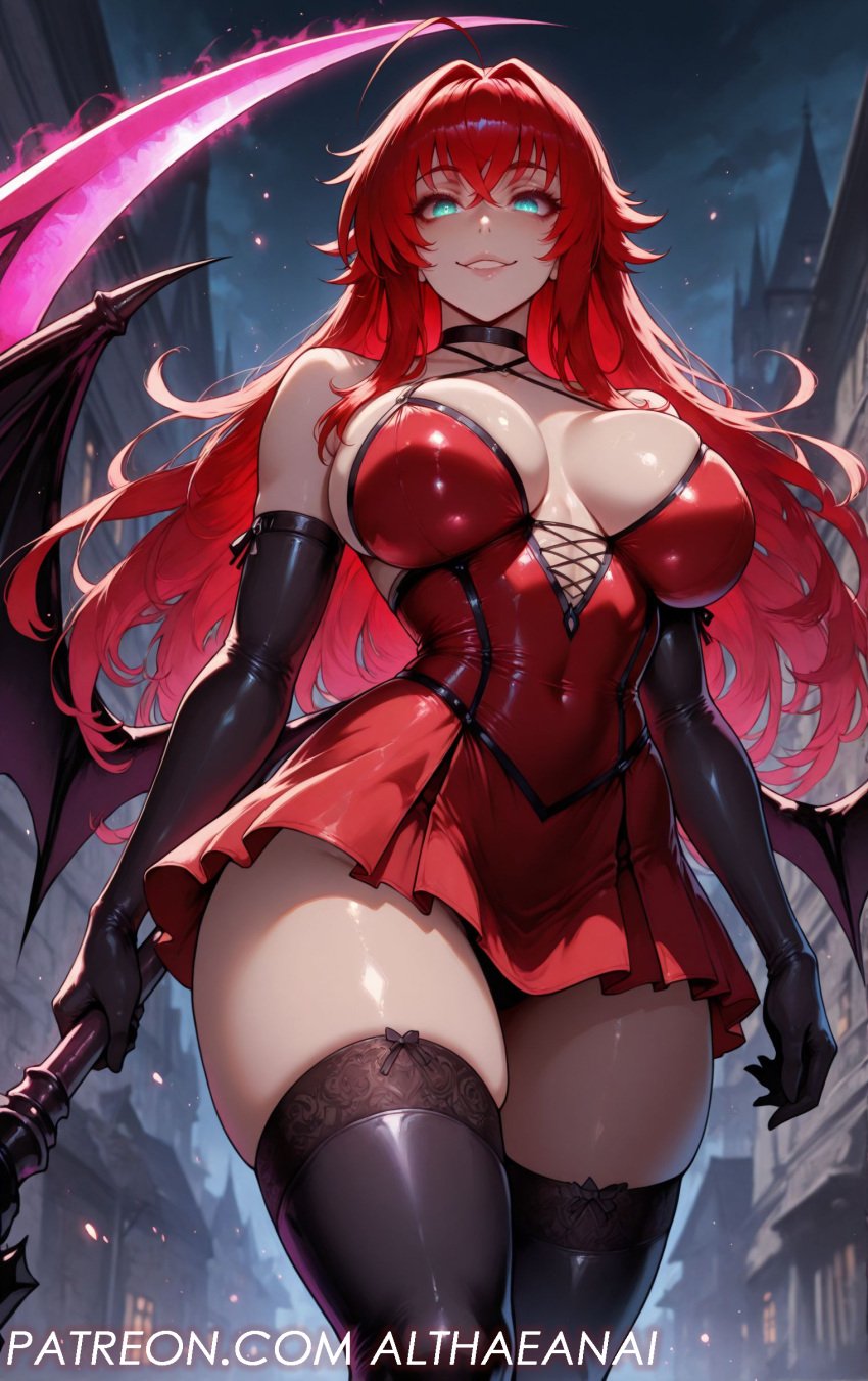 1female absurd_res ai_generated althaean bare_shoulders big_breasts blue_eyes breasts choker demon_wings dominant_female elbow elbow_gloves female female_only high_school_dxd lingerie long_hair looking_at_viewer low-angle_view pinup red_clothing red_hair rias_gremory scythe shiny_skin skirt smiling smiling_at_viewer stable_diffusion stockings thick_thighs thighs voluptuous voluptuous_female wings