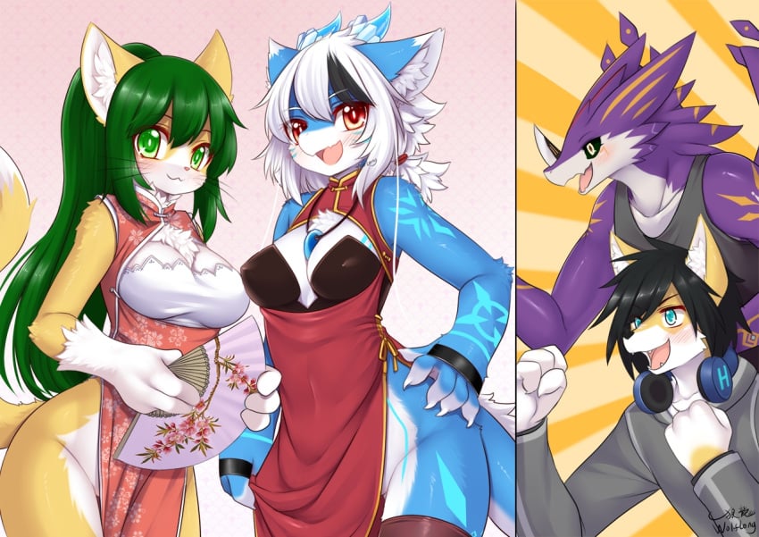 aluka_(dragoon86) anthro cat_girl chinese_clothes chinese_dress chinese_female clothed_female clothed_male clothing dog_boy dragon dragon_boy dragon_girl dragon_humanoid dragoon86 female haruz male mammal_humanoid sollyz sundyz tagme wolflong wolflong_(character)