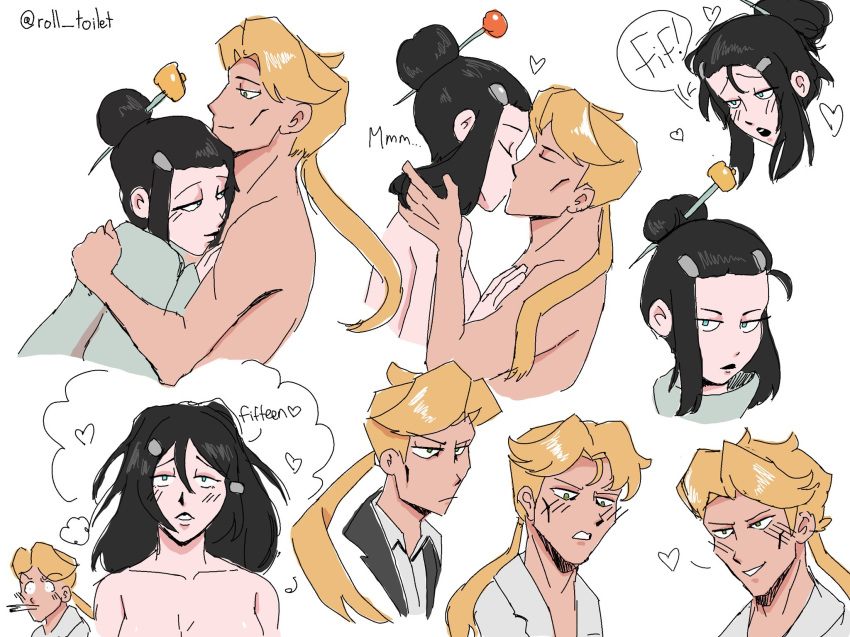 1boy 1boy1girl 1girls 2022 2d 2d_(artwork) black_hair black_hair_female blank_background blonde_hair blonde_hair_male collage enamored female fifteen_(katana_zero) hair_bun hairpin heart katana_zero kissing long_hair long_hair_female male roll_toilet sketch sketches thinking_of_someone_else topless_female topless_male white_background zero_(katana_zero)