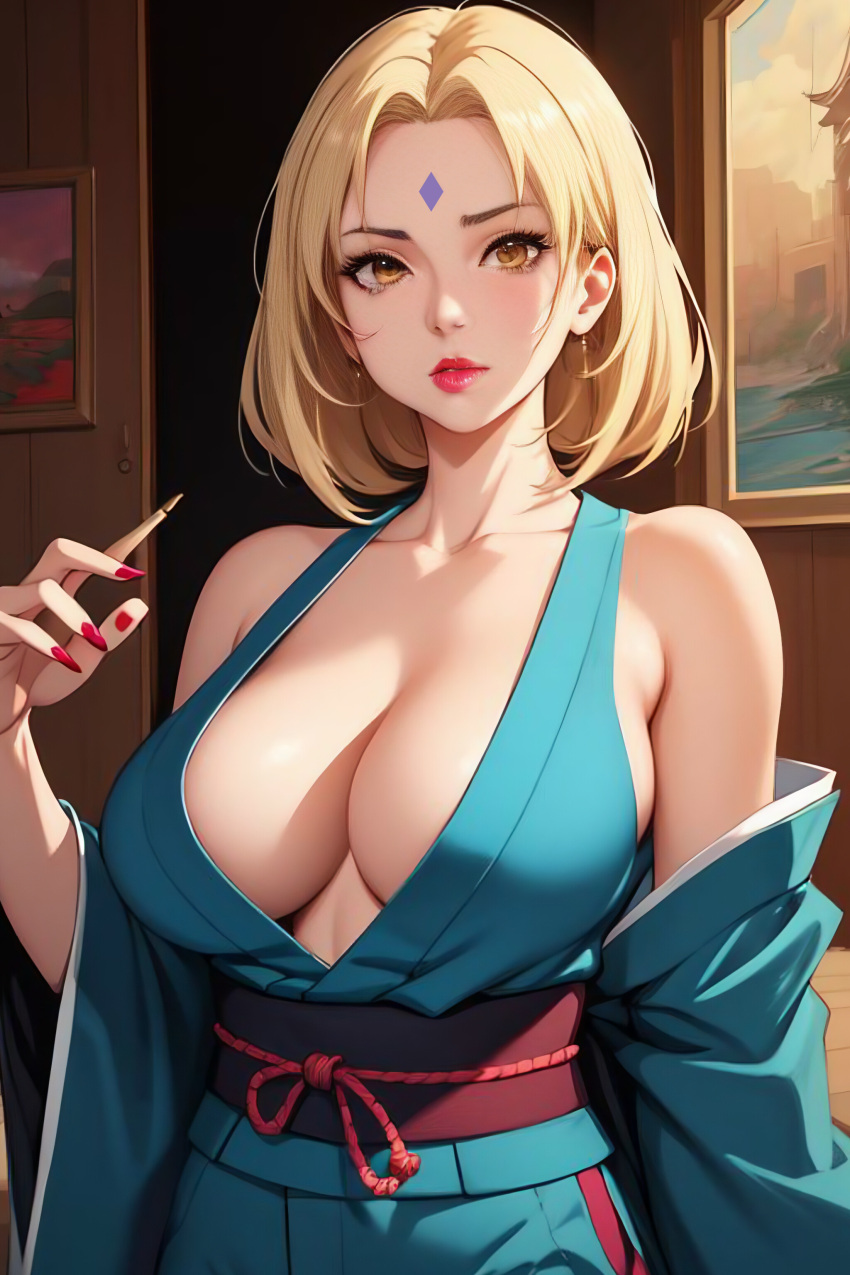 1girls ai_generated ai_hands big_breasts blonde_hair blue_dress breasts curvy curvy_figure dh_lucky eyes female forehead_mark kimono lipstick long_hair naruto naruto_(series) solo tsunade