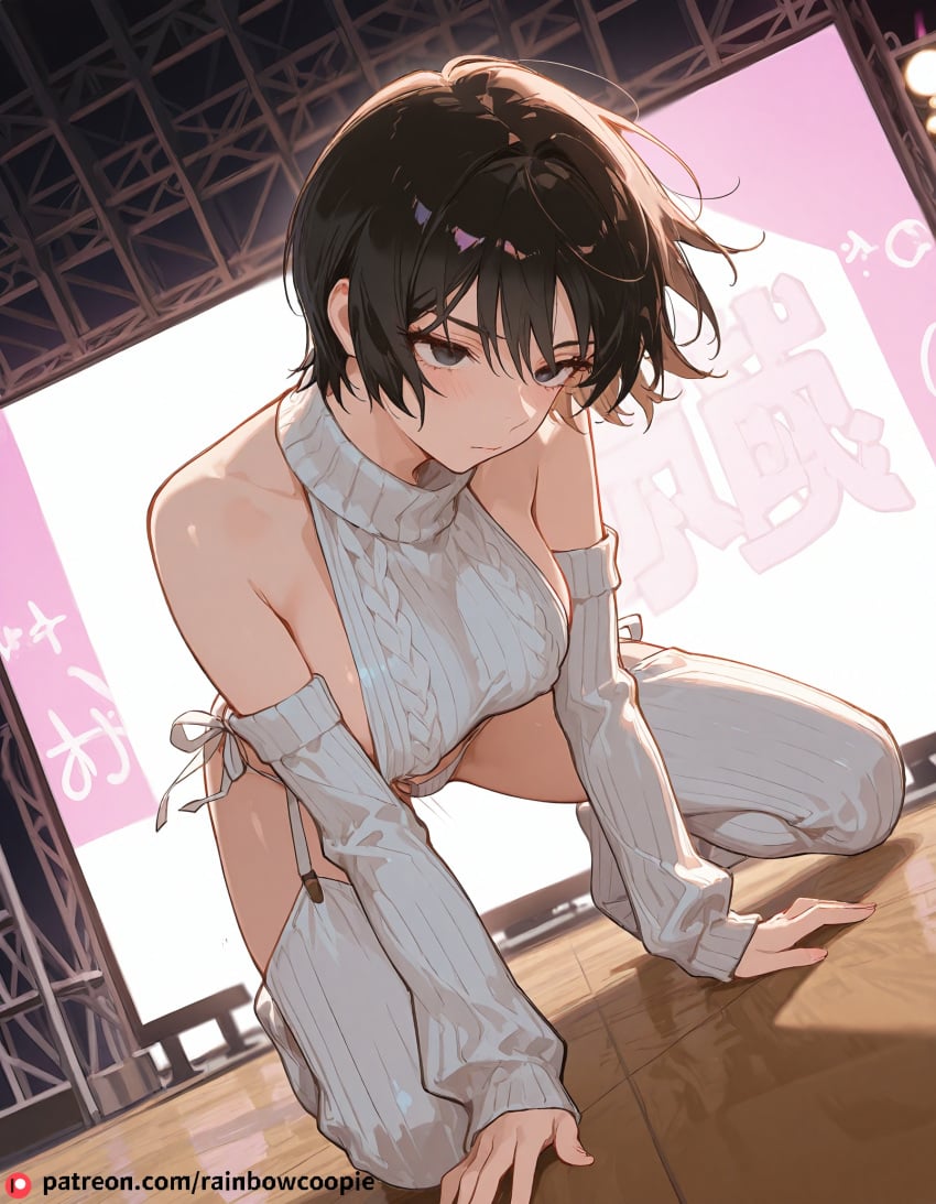 1girls ai_generated all_fours black_eyes black_hair blush detective_conan female female_only large_breasts masumi_sera short_hair solo_female stage virgin_destroyer_sweater virgin_killer_sweater