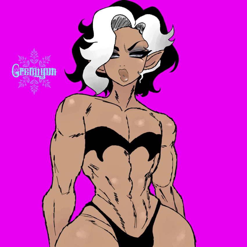 bimbo_lips bimbofication curly_hair dark_skin femboy flat_chest gremiyun muscular_male original_character small_waist thong trap