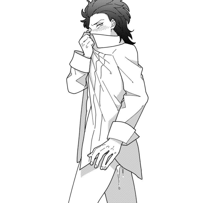 after_sex black_hair blush collared_shirt covering_face cum embarrassed embarrassed_male flustered flustered_male leaking_cum looking_at_viewer melty_blood michael_roa_valdamjong monochrome no_pants no_visible_genitalia semen shirt_only simple_background sleeve_cuffs slicked_back_hair tsukihime tsukihime_(remake) type-moon vampire walking yaoi yukinari_kakuri