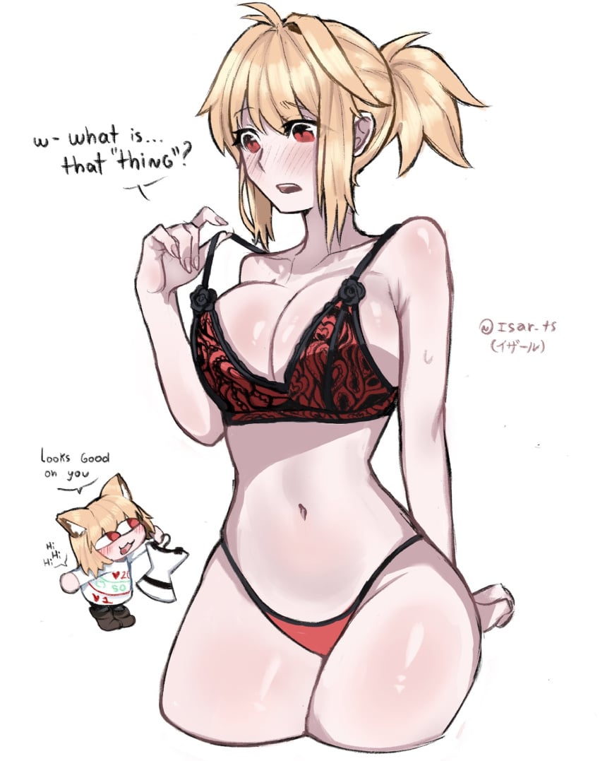 2girls alternate_hairstyle arcueid_brunestud artist_name big_breasts blonde_hair blush bra breasts dialogue dual_persona english_text enormous_breasts flustered hair_between_eyes heart hips horny horny_female huge_breasts isar_ts large_breasts navel neco-arc nipple_bulge panties plump ponytail red_bra red_eyes red_panties shirt short_hair smile sweat sweaty t-shirt thick_thighs thighs tsukihime tummy twitter_username white_shirt wide_hip