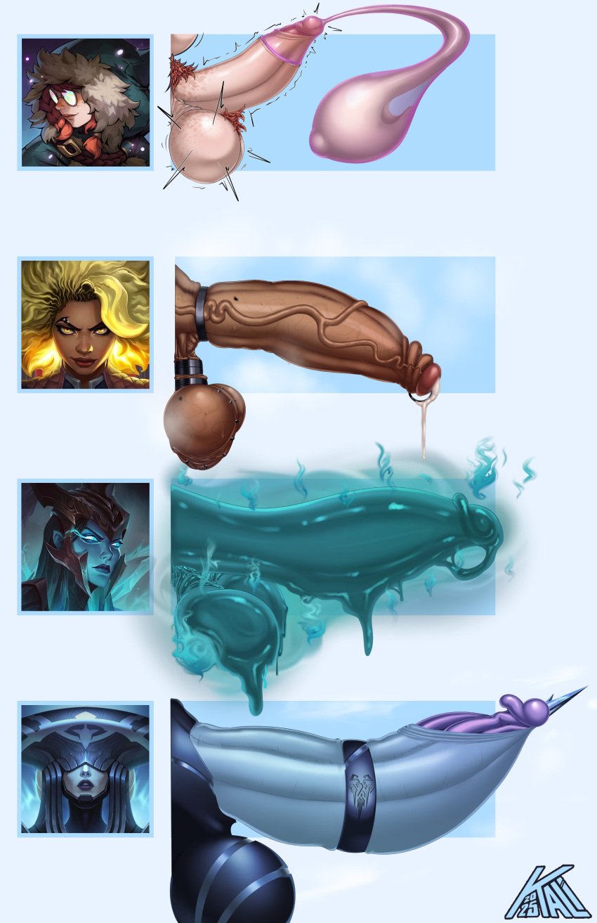 4futas aurora_(league_of_legends) balls cock_ring condom cum cum_in_condom erection futa_only futanari gigantic_penis huge_balls huge_cock kalikias kalista league_of_legends lissandra penis_chart penis_size_chart rell_(league_of_legends)