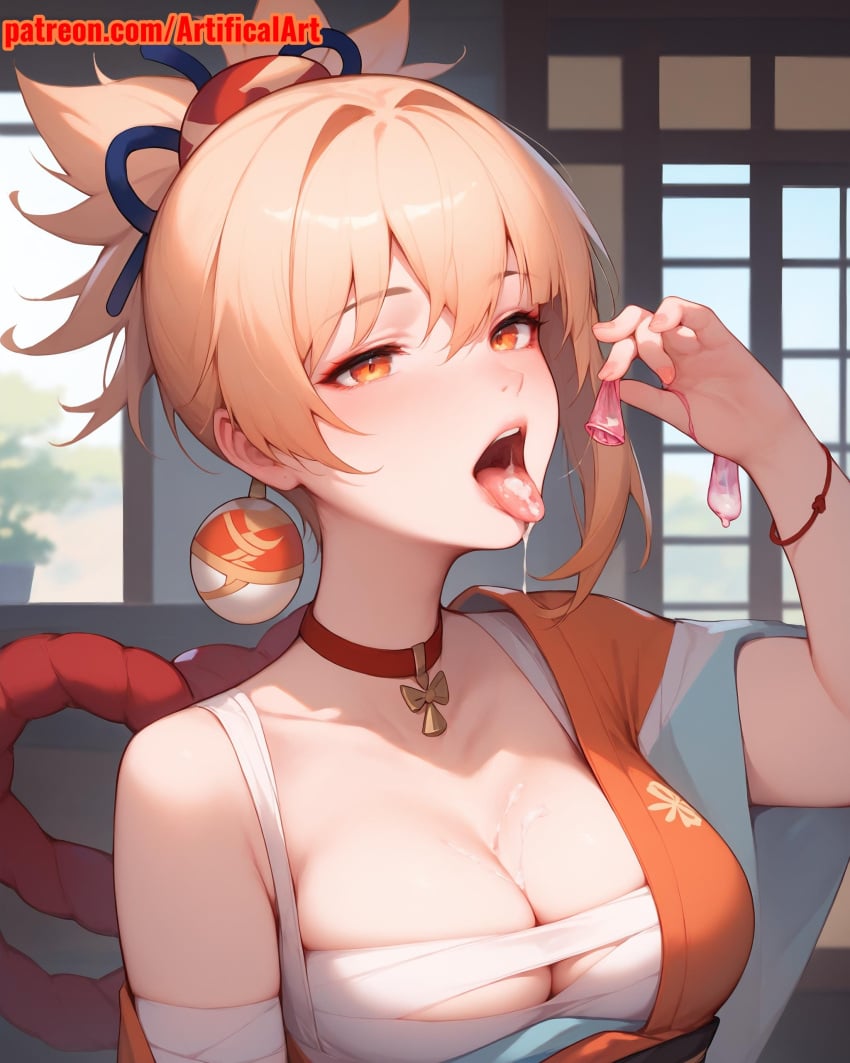 1girls ai_generated artifical_art blonde_female blonde_hair condom cum cum_in_mouth cum_on_tongue genshin_impact girl hair_ornament medium_hair open_mouth orange_eyes perfect_body red_choker semen_in_mouth semen_on_tongue tongue_out used_condom yoimiya_(genshin_impact)