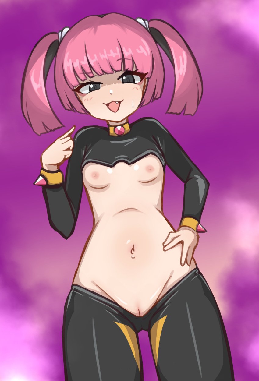 absurdres black_pantyhose black_shrug breasts cleft_of_venus commentary coral_(pokemon) english_commentary female from_below hand_on_own_hip highres long_sleeves looking_at_viewer meme_attire mesugaki navel nipples nude oerba_yun_fang open_mouth pantyhose pink_background pink_hair pointing pointing_at_self pokemon pokemon_(anime) pokemon_horizons psycho_orb pussy reverse_bunnysuit reverse_outfit shrug_(clothing) small_breasts smug sweatdrop twintails