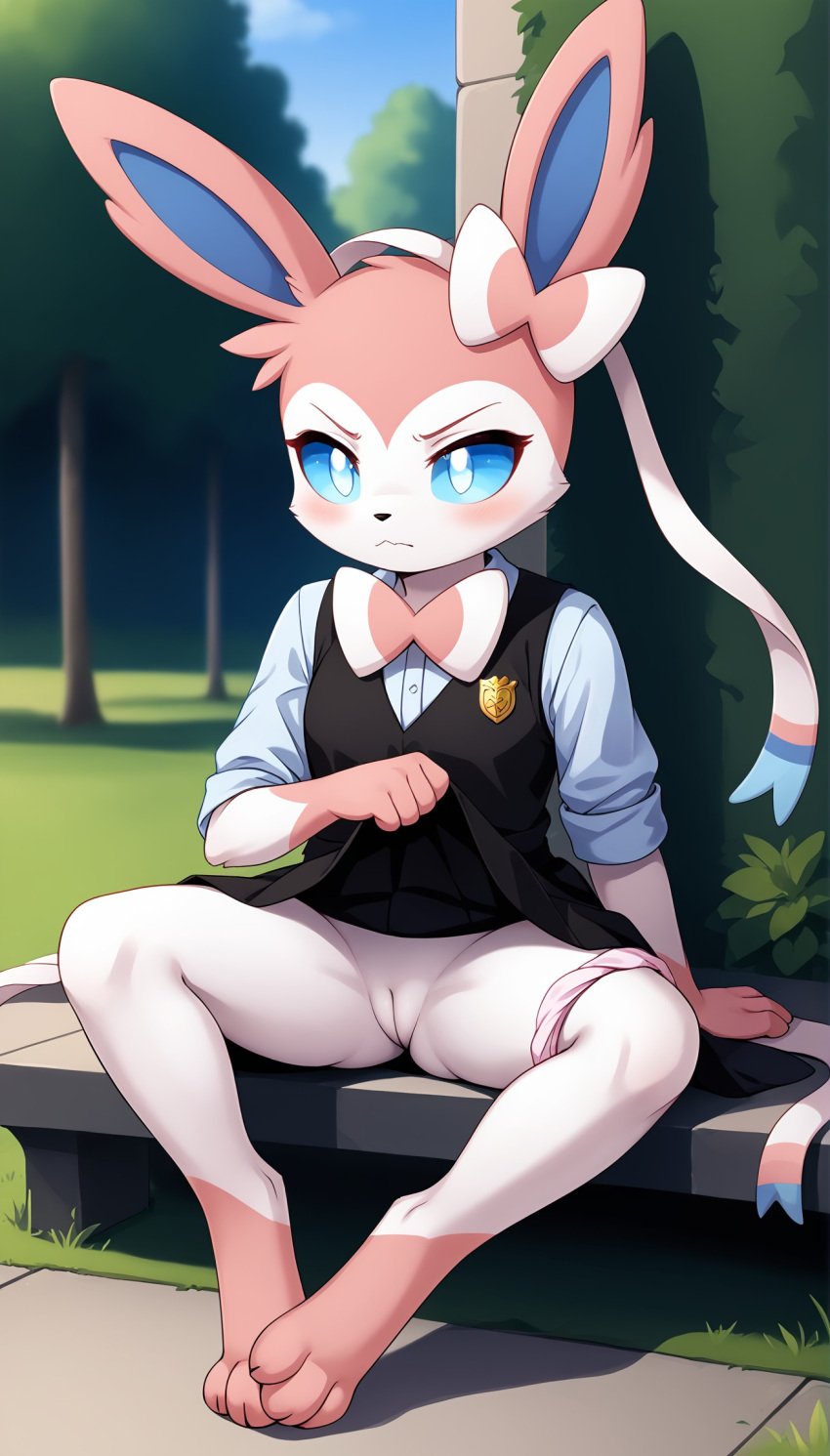 1girls 2025 ai_generated annoyed anthro blue_eyes blushing digitigrade dress dress_lift eeveelution female female_only generation_6_pokemon hi_res innie_pussy looking_at_viewer nintendo outdoors panties panties_around_leg pink_fur pokemon pokemon_(species) pussy sitting sylveon white_fur