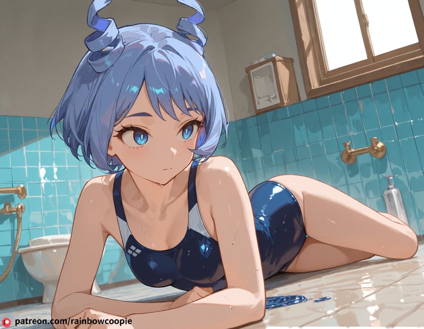 ai_generated bathroom beautfiul_background disdain hadou_nejire nejire_hado one-piece_swimsuit prone_bone_anal small_breasts stunning_backgroud