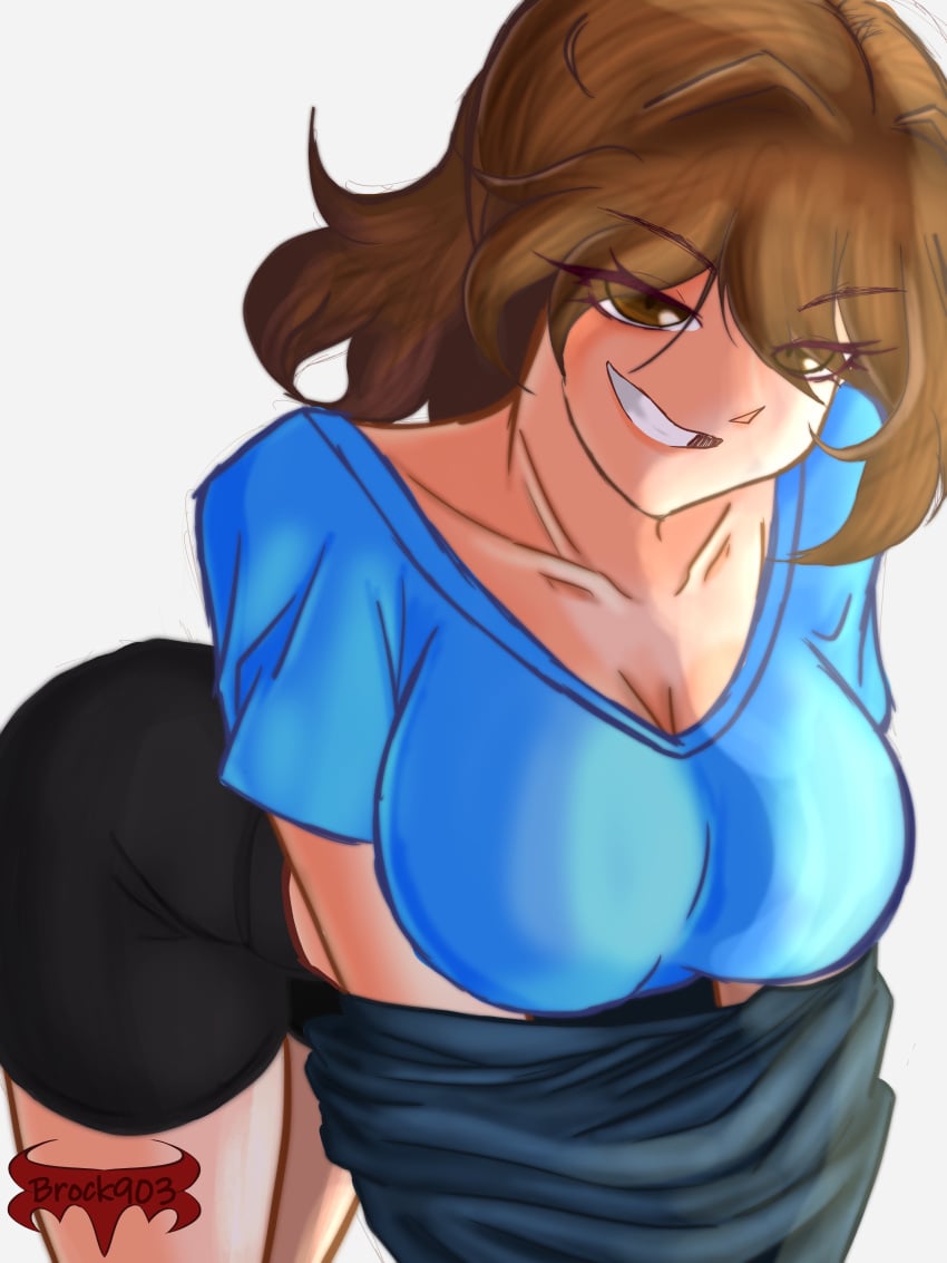 arched_back artist_name bare_thighs big_ass big_breasts blank_thumbnail blue_skirt brock903 brown_eyes brown_hair collarbone crop_top hoodie self_upload short_hair shorts smiling smiling_at_viewer smug_grin undressing