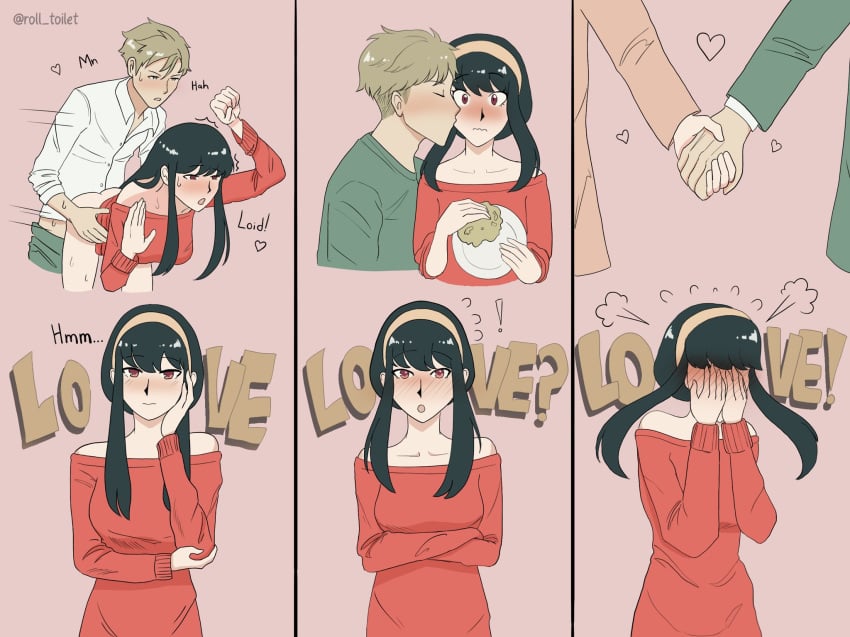 1boy 1boy1girl 1girls 2022 3koma black_hair black_hair_female blank_background blush blush_lines bottomless_female female flustered flustered_female handholding headband heart kissing kissing_cheek loid_forger long_hair long_hair_female male nervous pantsless roll_toilet sex spy_x_family standing_doggy_style washing_dishes yor_forger