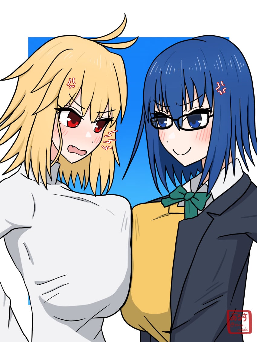 ahoge anger_vein angry angry_vein arcueid_brunestud big_breasts blonde_hair blue_eyes blue_hair blush blush breast_docking breasts breasts_bigger_than_head ciel_(tsukihime) clothed competition docking enormous_breasts gigantic_breasts glasses huge_breasts jacket large_breasts looking_at_another melty_blood oerba_yun_fang pressing_breasts_together red_eyes school_uniform short_hair smile sweater tsukihime tsukihime_(remake) turtleneck_sweater type-moon