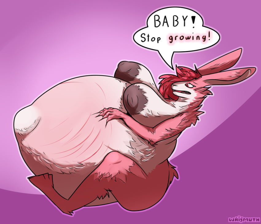 2025 absurd_res annoyed anthro areola ass belly big_belly big_breasts big_butt big_nipples birth_denial breasts cel_shading dark_areola dialogue digital_drawing_(artwork) digital_media_(artwork) english_text female fur hair hand_on_hip hi_res huge_belly hyper hyper_belly hyper_pregnancy inverted_nipples lagomorph leporid lilly_(waismuth) mammal navel nipples outie_navel overdue pink_body pink_fur pink_hair pixel_(artwork) pregnant pregnant_anthro pregnant_female rabbit shaded simple_background soft_shading solo speech_bubble stretch_marks text waismuth