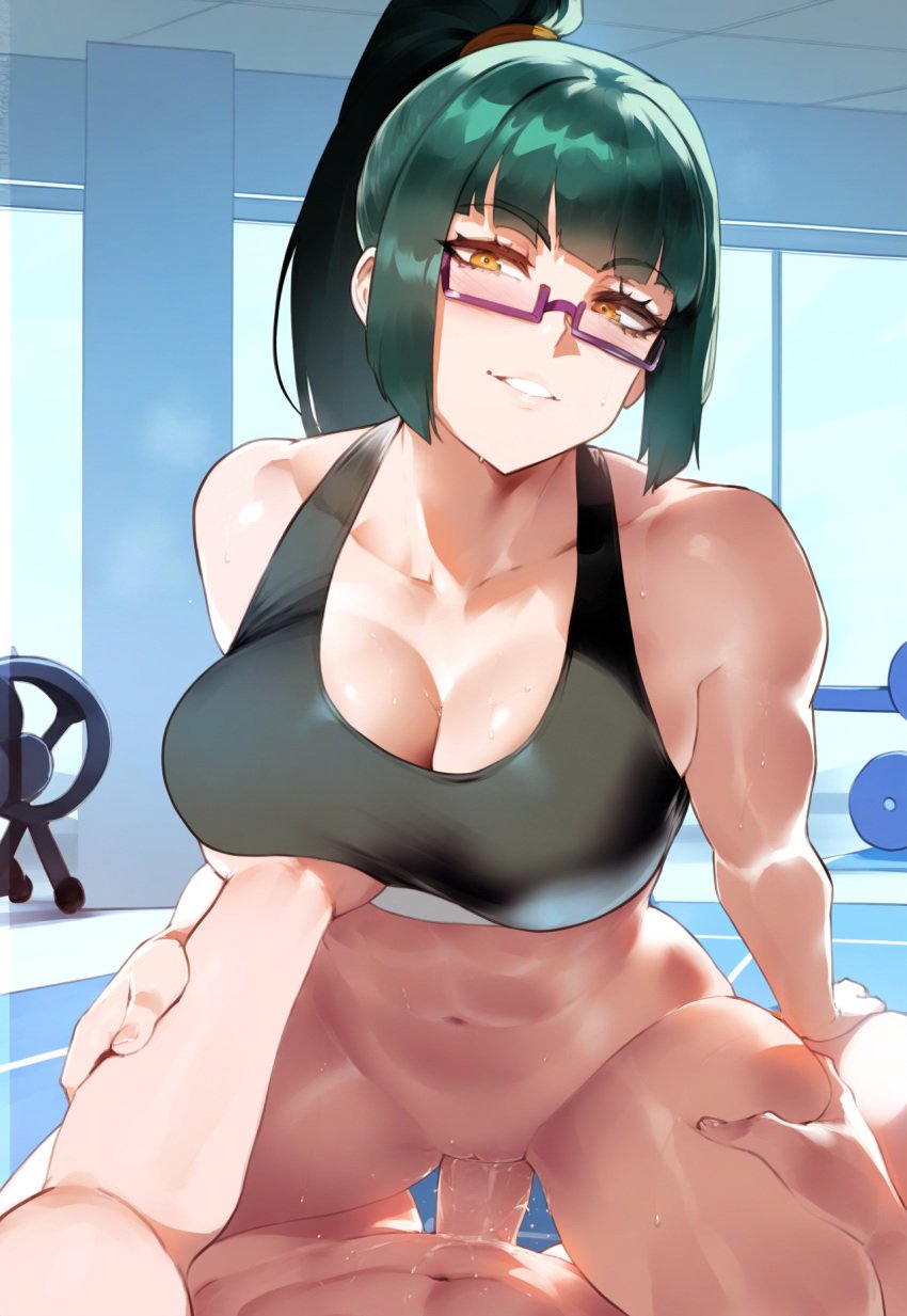 1boy 1girls ai_generated breast_grab breast_lift cleavage cowgirl_position glasses grabbing_another&#039;s_breast gym high_ponytail jujutsu_kaisen large_breasts looking_pleasured partially_clothed ponytail pov sex sports_bra thiccwithaq_(ai_style) thigh_grab tittyg-ai vaginal_penetration zenin_maki