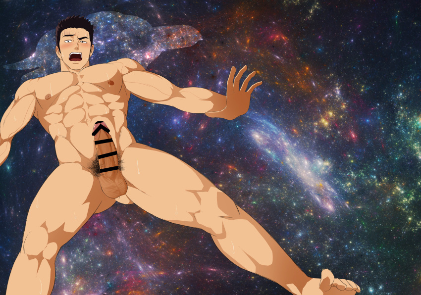 1boy abs absurdres ao_isami ass_visible_through_thighs bara black_hair blush completely_nude erection feet_out_of_frame highres large_pectorals male_focus male_only male_pubic_hair muscular muscular_male navel niichi_(niichi21) nipples nude pectorals penis pubic_hair short_hair solo solo_male space spread_legs sweat thick_eyebrows thick_thighs thighs yuuki_bakuhatsu_bang_bravern