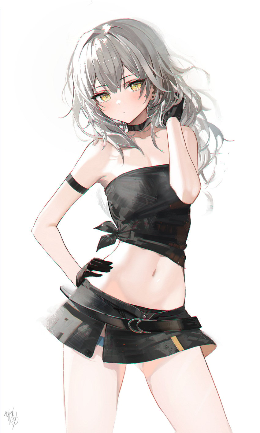 2d adjusting_hair armband belly_button belt black_gloves black_panties choker clothed ear_piercing female female_only fully_clothed gloves gray_hair hand_behind_head hand_on_hip hidulume honkai:_star_rail legband miniskirt non-nude panties_peek posing revealing_clothes short_skirt sleeveless stelle_(honkai:_star_rail) strapless tied_shirt trailblazer_(honkai:_star_rail) unbuttoned white_background yellow_eyes