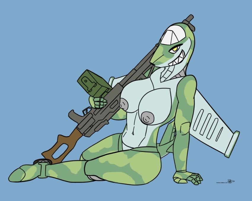 aeromorph aircraft airplane ammunition anthro armor_plates assault_rifle breasts digital_media_(artwork) female fin gun joints living_aircraft living_machine living_vehicle machine machine_gun military nipples non-mammal_breasts not_furry nude nude_anthro nude_female pkp_pecheneg ranged_weapon rifle robot russian simple_background solo su-25 tail tail_fin vawfag vehicle weapon wings