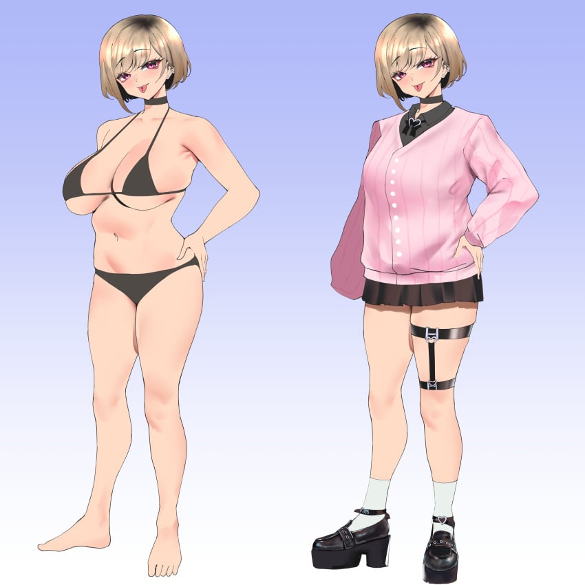 black_bra black_panties black_shirt black_shoes black_skirt black_underwear blonde_hair button_up character_sheet collared_shirt ear_piercing hand_on_hip hand_on_own_hip huge_breasts long_sleeves mika_(yotamono) miniskirt multiple_images navel original original_character pink_sweater reference_sheet short_hair socks sweater sweater_vest tongue_out tongue_piercing yotahen