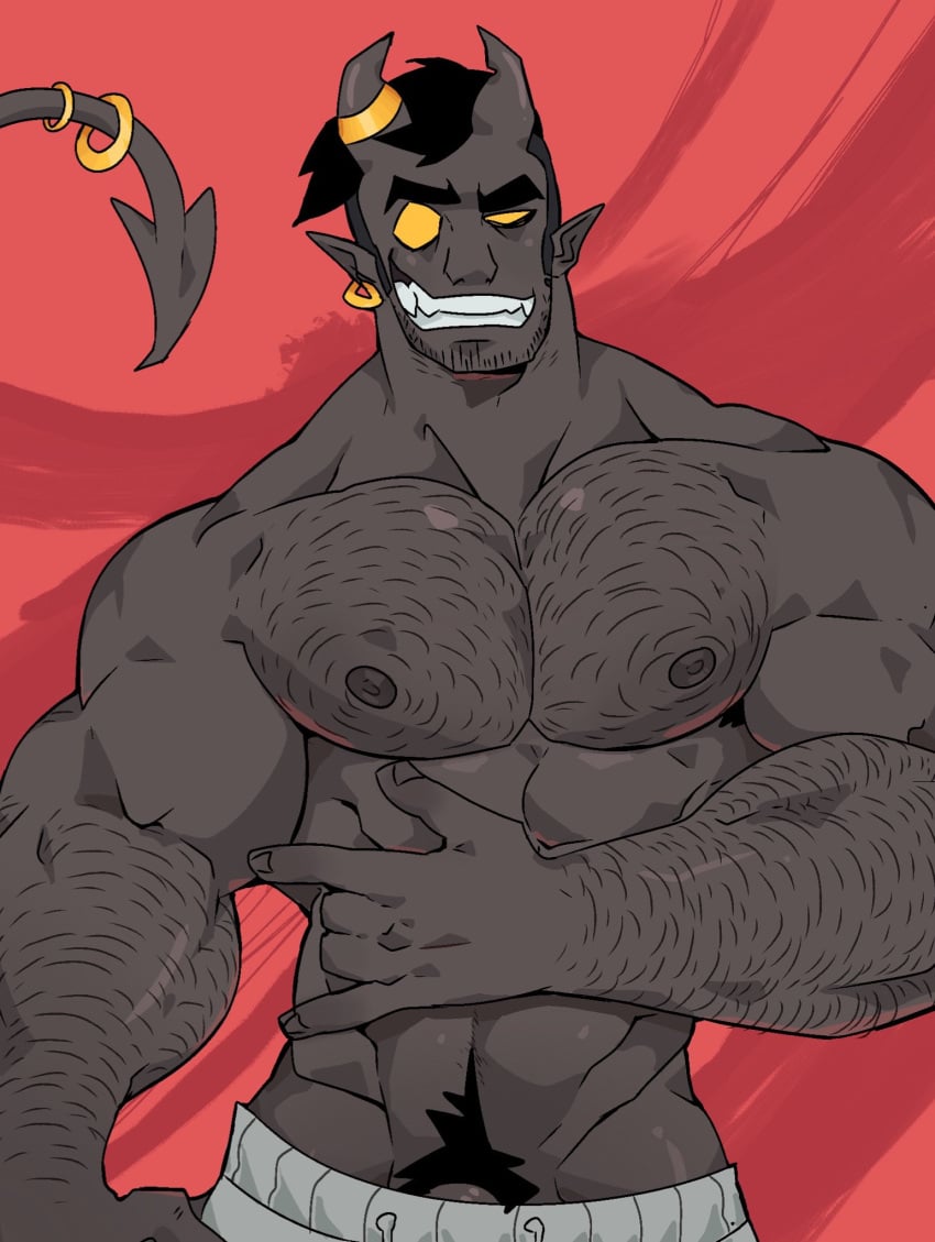 abs aries03220 bara beard biceps bulge clothing demon demon_horns devil devil_horns flaccid male male_nipples male_only male_pubic_hair muscular_male nipples pecs penis solo solo_male