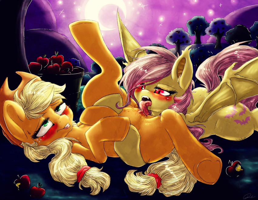 2014 apple apple_tree applejack_(mlp) bat_pony blonde_hair blush bucket clitoris cowboy_hat cutie_mark dimwitdog duo equine female flutterbat_(mlp) fluttershy_(mlp) freckles friendship_is_magic fruit fur furry furry_only green_eyes hair hasbro hat hi_res horse long_hair lying mammal moon my_little_pony non-anthro on_back on_front oral oral_sex orange_fur outside pink_hair pony pussy red_eyes sex spread_legs spreading tongue tongue_out tree uncensored wings yellow_fur yuri