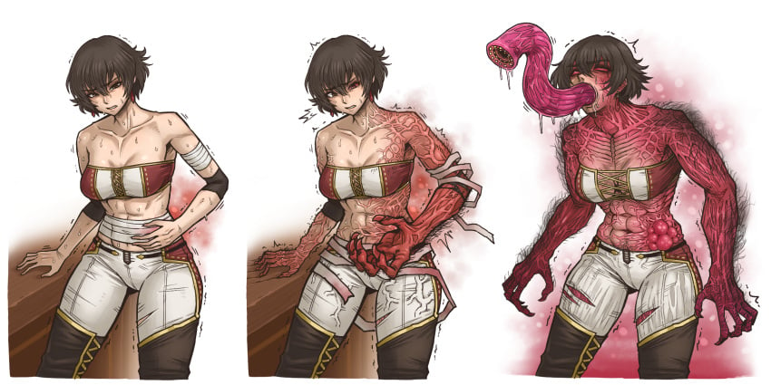 abs bioluminescence blush body_horror breasts capcom corrupted corruption female_only fiorayne glowing mature_female monster monster_hunter monster_hunter_rise monsterification nightmare_fuel pixiv skin_color_change tobato_the_dog transformation veins