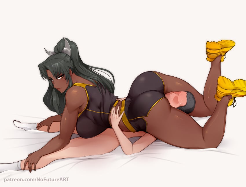 1boy 1girls 69_position ass big_breasts black_hair clothed_female_nude_male dark-skinned_female dark_skin dolphin_shorts eyeless_male female head_between_thighs headscissor hi_res high_ponytail light-skinned_male light_skin long_hair looking_at_viewer lying lying_on_back lying_on_person male mirabell_bell nofuture nude nude_male orange_eyes simple_background size_difference sportswear taimanin_(series) taimanin_asagi_battle_arena taimanin_rpgx thick_ass thick_thighs toned toned_female white_background