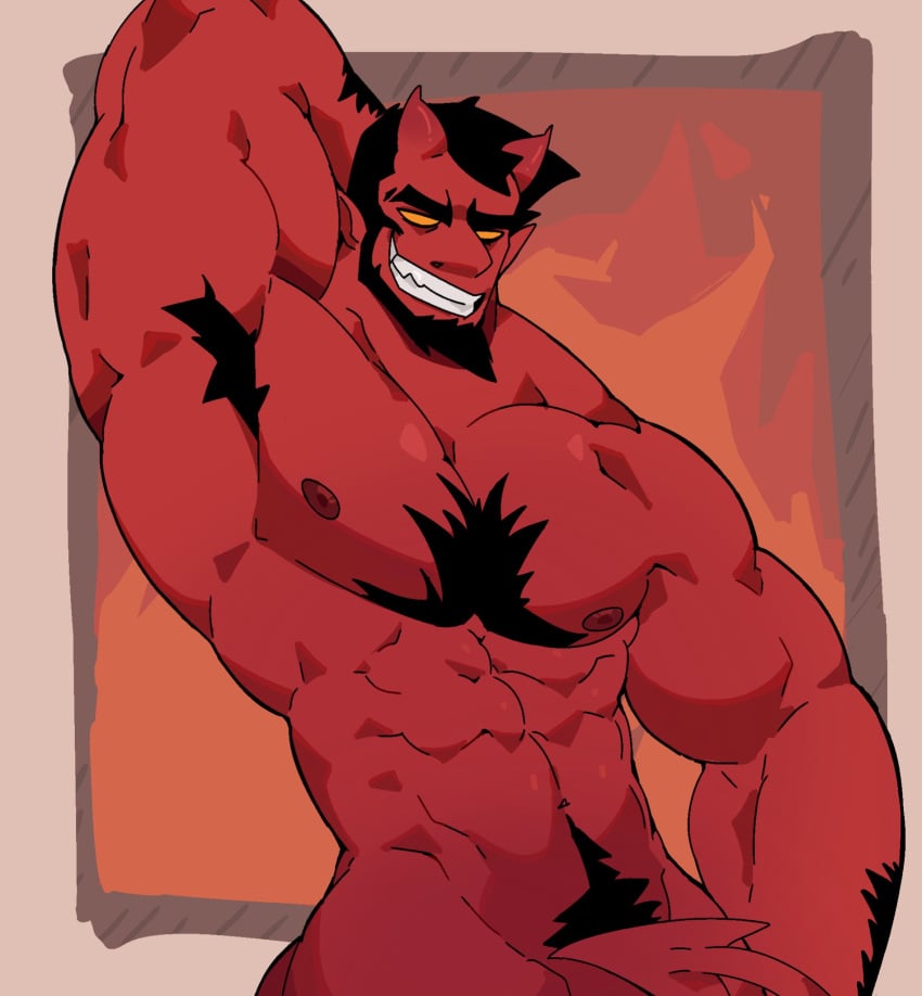 1boy abs aries03220 bara beard biceps demon demon_horns devil devil_horns male male_nipples male_only male_pubic_hair muscular_male nipples nude pecs red_body red_skin solo solo_male