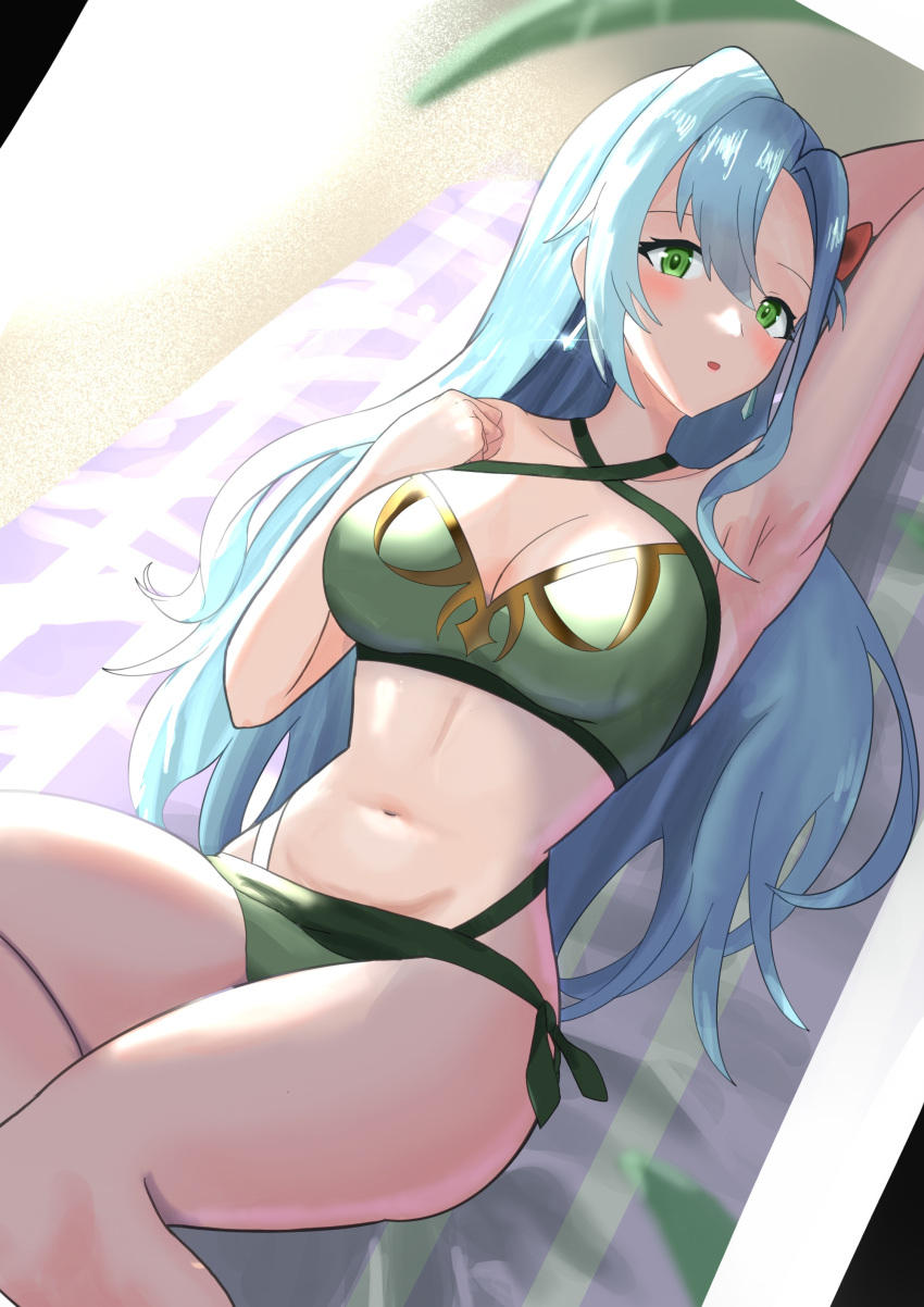 1girls absurdres alternate_costume aqua_hair bare_shoulders bikini breasts chloe_(fire_emblem) cleavage female female_only fire_emblem fire_emblem_engage green_bikini green_eyes green_swimsuit highres large_breasts long_hair looking_at_viewer navel nintendo smile solo swimsuit tarutaru193 teardrop_earrings