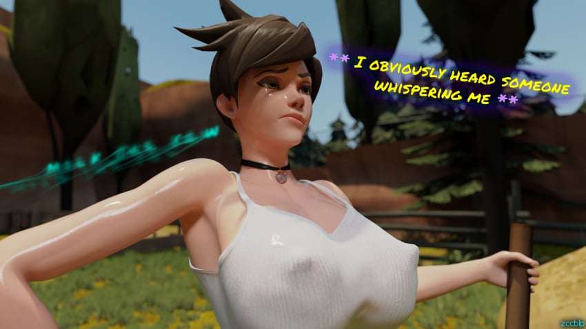 1girls 3d blender blizzard_entertainment cowgirl huge_breasts overwatch short_hair text tracer zccblp