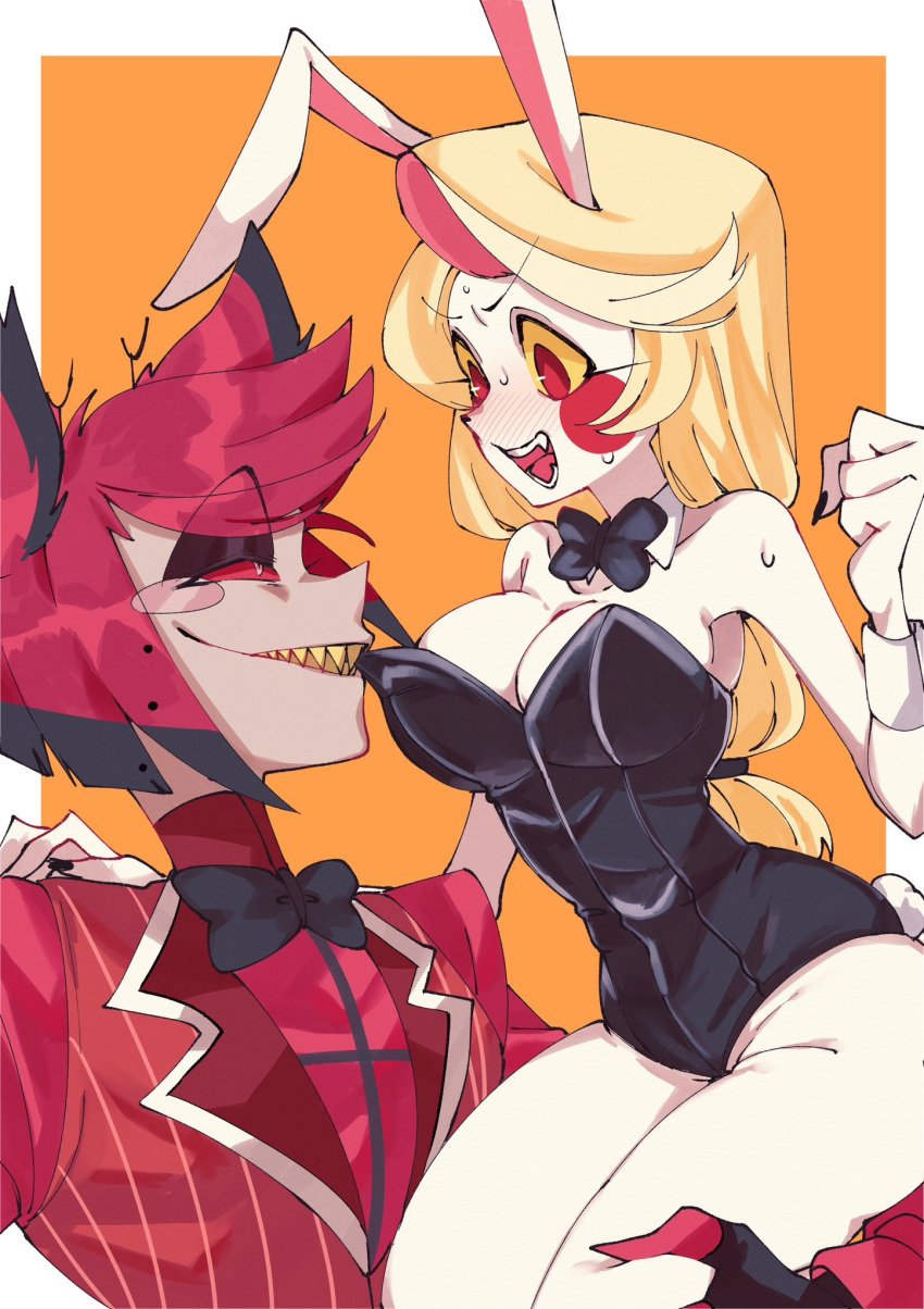 1boy 1boy1girl 1girl 1girls alastor_(hazbin_hotel) bare_shoulders bare_thighs biting_clothes blonde_hair blush breasts bunny_ears bunnysuit charlie_morningstar_(hazbin_hotel) color embarrassed fangs hazbin_hotel honeko_06 hourglass_figure light-skinned_female no_bra sharp_teeth simple_background straight sweat thighs vivienne_medrano white_skin yellow_eyes