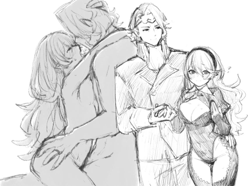 1boy 1girls bare_thighs breasts cleavage cleavage_cutout completely_nude corrin_(fire_emblem) corrin_(fire_emblem)_(female) female fire_emblem fire_emblem_fates greyscale hair_between_eyes hairband holding_hands inner_thighs kissing leotard long_hair looking_at_viewer male medium_breasts monochrome nintendo nude nude_female nude_male pointy_ears rarudo7 sex short_hair smile thighhighs thighs very_long_hair xander_(fire_emblem)