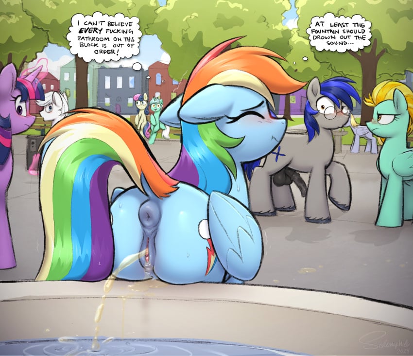 absurd_res alicorn anus bodily_fluids bonbon_(mlp) city closed_eyes derpy_hooves equid equine exhibitionism female feral friendship_is_magic genital_fluids genitals group hasbro hi_res horn horse lightning_dust_(mlp) lyra_heartstrings_(mlp) male male/female mammal my_little_pony mythological_creature mythological_equine mythology peeing pegasus plant pony public_urination pussy rainbow_dash_(mlp) selenophile sweetie_drops tree twilight_sparkle_(mlp) urine water wings