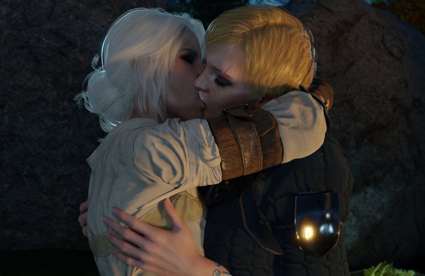 2girls 3d blonde_hair breasts cd_projekt_red ciri ciribestgirl cleavage female female_only french_kiss girls_only image_set kissing light-skinned_female the_witcher_(series) the_witcher_3:_wild_hunt ves white_hair yuri