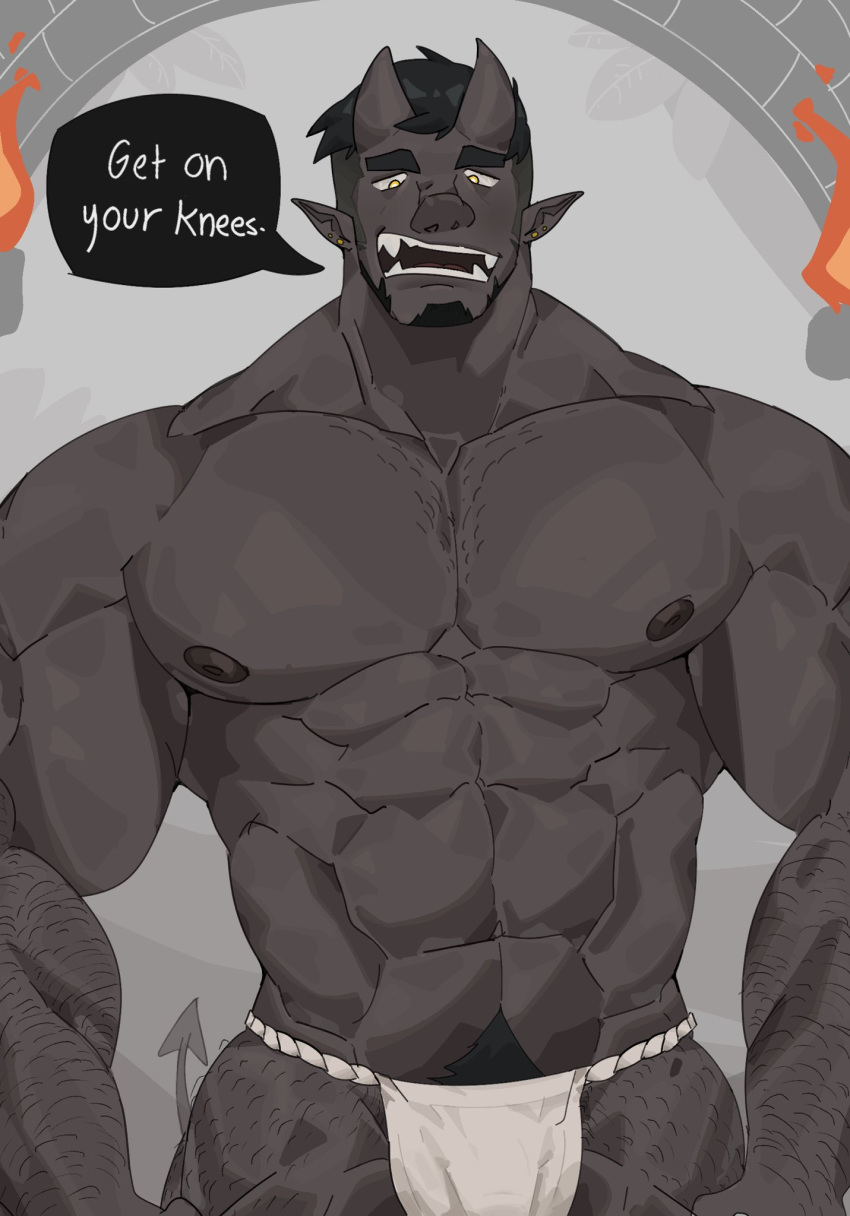 1boy abs aries03220 bara beard biceps bulge demon demon_horns devil devil_horns flaccid fundoshi japanese_clothing male male_nipples male_only male_pubic_hair muscular_male nipples pecs solo solo_male