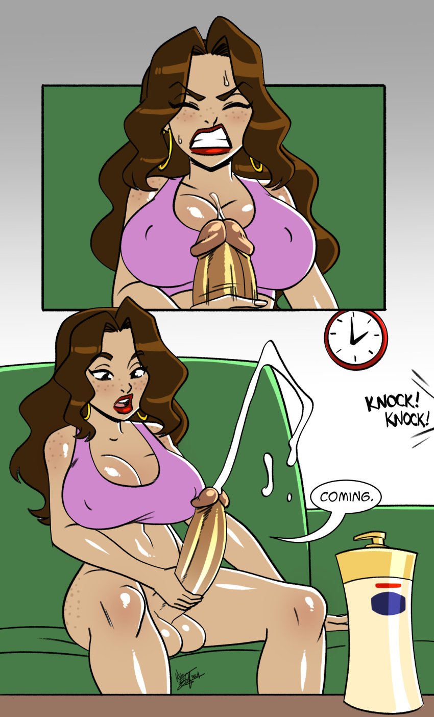 1futa 2koma aeolus06 bottomless brown_hair brown_skin clenched_teeth closed_eyes coffee_table comic couch cum cum_announcement dark-skinned_futanari ejaculation erection feet_out_of_frame female freckles futanari gold_earrings half-closed_eyes hoop_earrings knocking_on_door large_penis leaning_back looking_down lotion lotion_bottle masturbation open_mouth orgasm penis rachel_(eachminister) red_lips red_lipstick shiny_skin sitting solo sound_effects speech_bubble speed_lines sports_bra sweat talking testicles text uncensored upper_body wavy_hair