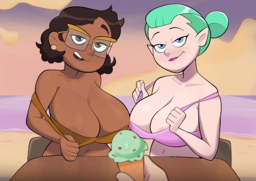 2girls areolae ass beach big_breasts blue_eyes breasts brown_eyes brown_hair camila_noceda dark-skinned_female dark_skin disney disney_channel disney_xd female food green_hair hair ice_cream light-skinned_female light_skin looking_at_viewer milf newguy1091 odalia_blight pov pov_eye_contact seductive seductive_look seductive_smile sitting smile smiling smiling_at_viewer tagme the_owl_house