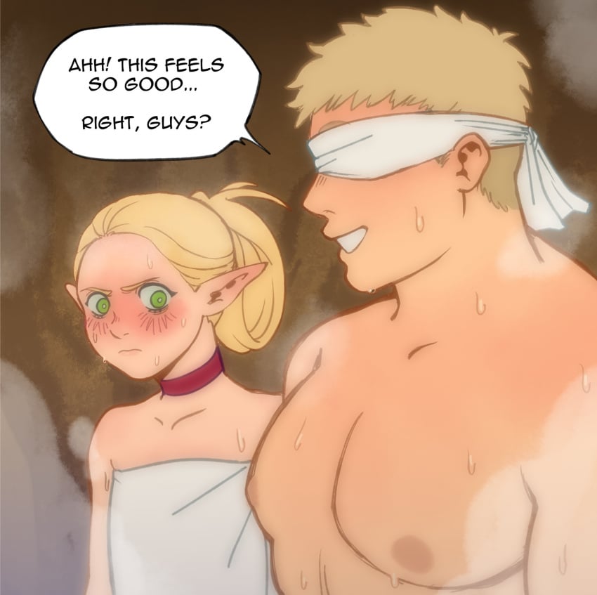 1boy 1girls 2024 blindfold blonde_hair blush choker delicious_in_dungeon dialogue dungeon_meshi dungeons_and_dragons elf elf_ears elf_female english_text female girl_staring_at_guy's_chest green_eyes heavy_blush hi_res laios_touden looking_at_pecs male marcille_donato meme pecs pepprnsalt sauna smiling speech_bubble steam tied_hair