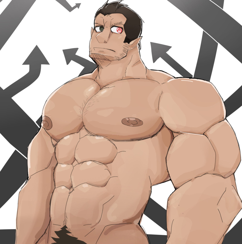 abs aries03220 bara beard_stubble biceps daddy free_(soul_eater) humanoid_pointy_ears male male_nipples male_only male_pubic_hair manly muscular_male nipples nude pecs solo solo_male soul_eater werewolf