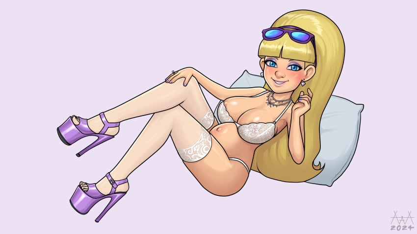 aaaninja blonde_hair breasts cleavage disney glasses_on_head gravity_falls high_heels huge_breasts lingerie pacifica_northwest pillow platform_heels pregnant thighhighs